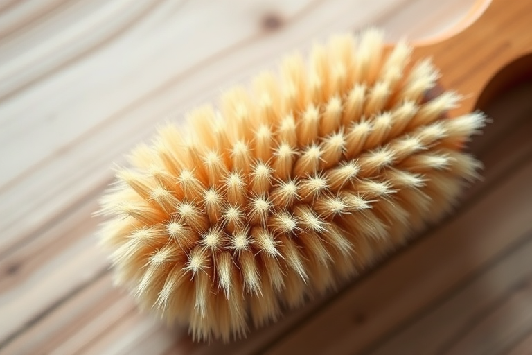 Generate a high-resolution image of a natural bristle brush with a wooden handle, using a DSLR camera at f/8 aperture, 50mm lens, and a 1/125 shutter speed, captured from a top-down view with soft lighting to enhance texture details.