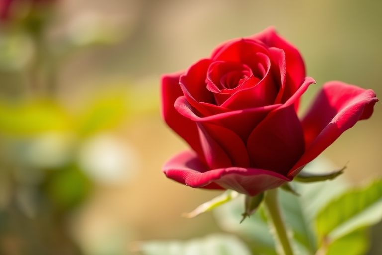 Close-up of a single red rose on a stem with green leaves, with a blurred background, shot with a DSLR camera, aperture f/2.8, ISO 100, 50mm lens, natural light, shallow depth of field for enhanced focus on the rose.
