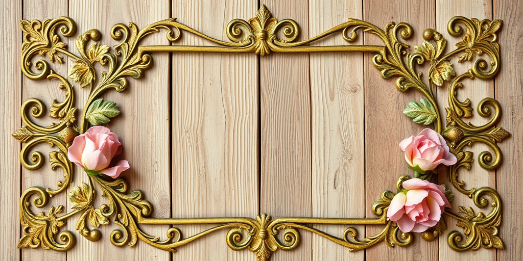 Create an ornate vintage floral frame on a wooden background, shot with a Canon EOS 5D Mark IV at f/2.8, ISO 100, 50mm lens, in natural light with a shallow depth of field for a soft focus effect, emphasizing the intricate details of the design.