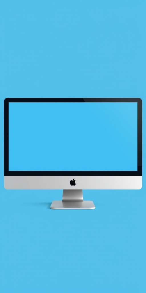 Generate an illustration of a modern computer monitor with a blank screen set against a bright blue background, captured using a DSLR camera with a 50mm lens at f/2.8, ISO 100, and a shallow depth of field for a soft bokeh effect.