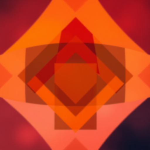 Create an abstract art piece featuring vibrant, overlapping geometric shapes in warm colors such as red, orange, and yellow, with a soft-focus background, taken with a DSLR camera, 50mm lens at f/1.8, ISO 100, natural light, with a slight bokeh effect to enhance depth.