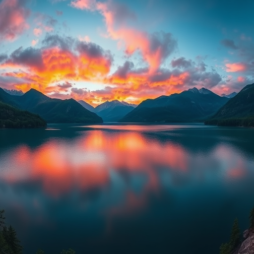 Create an image of a serene landscape featuring a calm lake surrounded by lush mountains during sunset with vibrant colors in the sky, shot with a DSLR camera at f/8 aperture, ISO 100, shutter speed 1/125s, using a wide-angle lens at 18mm focal length, capturing a panoramic view for enhanced depth and clarity.