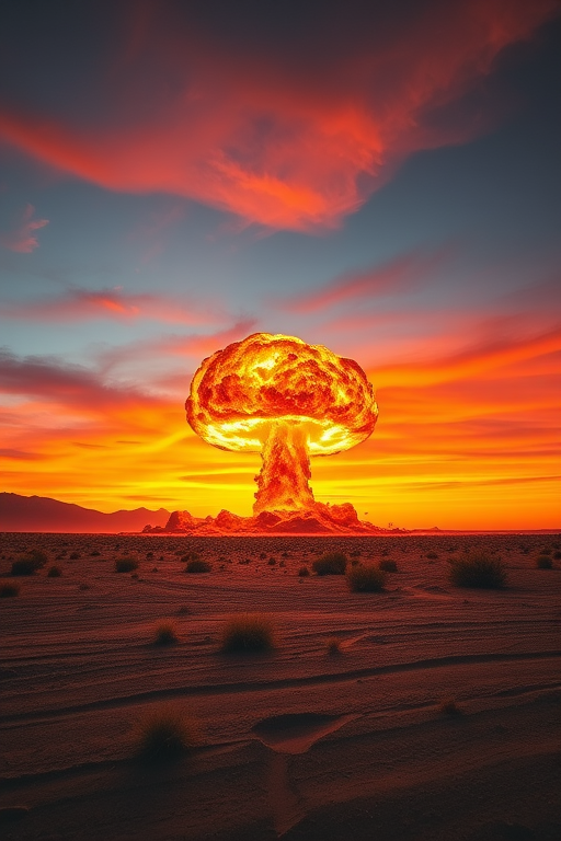 Generate an image of a nuclear explosion in a desert at sunset, with vibrant colors, using a DSLR camera, f/8 aperture, ISO 100, 1/250 sec shutter speed, shot from a wide-angle lens, and a low-angle view to enhance the dramatic effect.