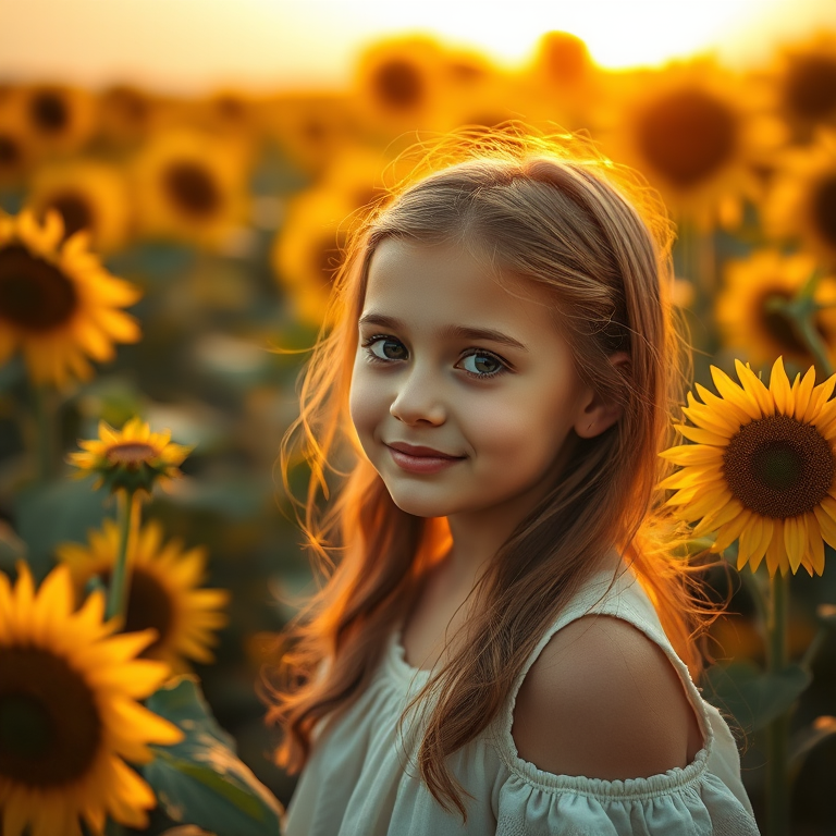 Generate a dreamy scene of a young girl in a sunflower field, golden hour lighting, soft focus, ISO 100, f/1.8, 50mm lens, portrait orientation, vibrant colors and high detail.