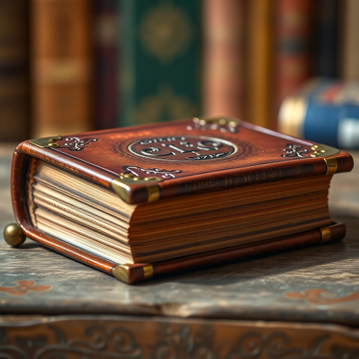 Create a photorealistic image of an antique leather-bound book with brass corners and decorative embossing, captured with a Canon EOS 5D Mark IV, 50mm lens, aperture f/2.8, ISO 100, in soft natural light, with a shallow depth of field to highlight the book's texture against a blurred colorful background.