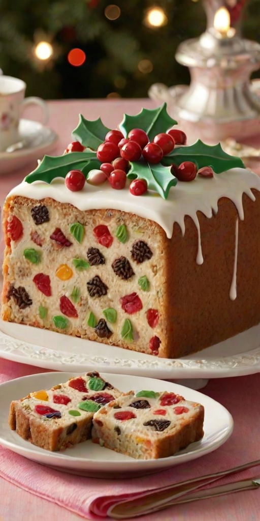 Create an image of a traditional fruitcake covered with marzipan and royal icing. The cake should be round with intricate decorations on the icing. A slice should be cut out to reveal the colorful fruit and nut filling inside. The background should have a festive holiday theme, with subtle decorations like holly or pinecones.