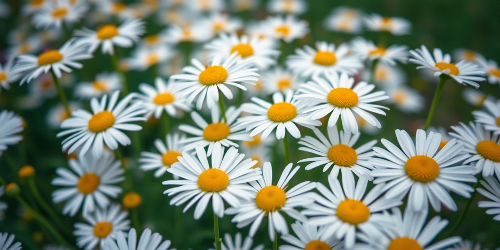 A close-up shot of a vibrant field of daisies with white petals and yellow centers, taken with a DSLR camera using a 50mm lens at f/2.8, ISO 100, and a shutter speed of 1/200s, with soft natural lighting and a shallow depth of field for a blurred background.
