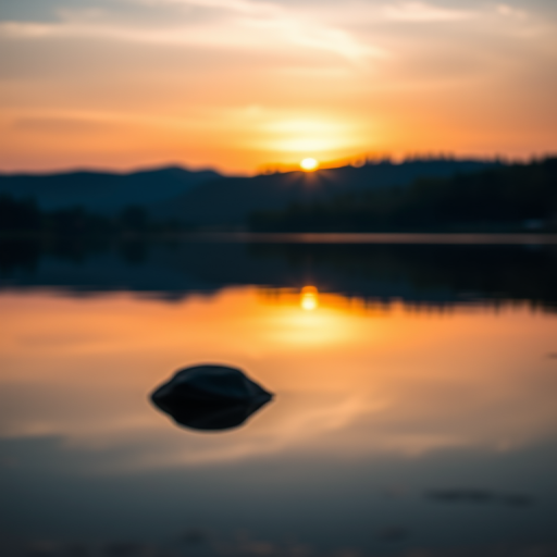 Generate a high-resolution image of a serene sunset over a calm lake, captured with a Canon EOS R5, 50mm lens, f/1.8 aperture, ISO 100, at a shutter speed of 1/200 seconds, using a soft focus style for a dreamy effect.