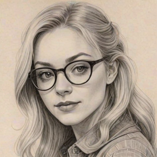 Charming Emily Kinney, pencil sketch, portrait of Beauteous woman 1977s in glasses, hair style beatnik, outline, clear lines, fine lines, 8k