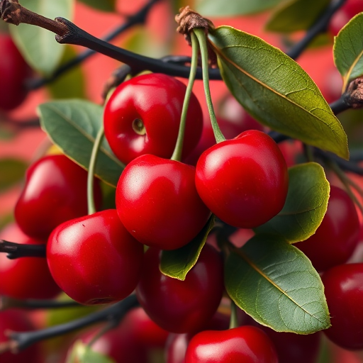 Create a surreal collage of glossy red cherries and vibrant green leaves with artistic black branches, incorporating lips on some cherries, using a Canon EOS R5, f/2.8 aperture, ISO 100, 50mm lens, in soft focus with a warm gradient background for enhanced richness.