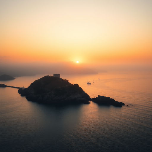 sunset over a tranquil bay with a rocky island in the foreground, soft golden light creating a misty atmosphere, aperture f/5.6, shutter speed 1/200s, ISO 100, 50mm lens, landscape orientation, DSLR camera, natural light photography