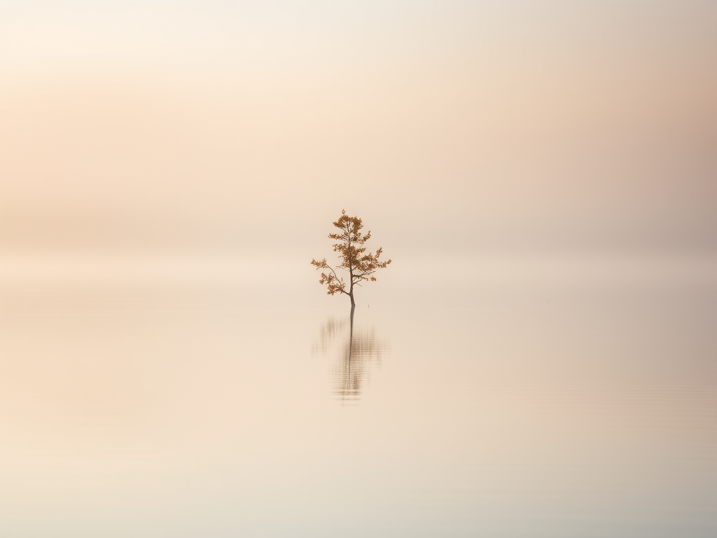 Capture a serene foggy lake scene at dawn with two small trees emerging from the water, reflections visible on the calm surface, use a Canon EOS R5 with a 24-70mm f/2.8 lens, aperture set to f/4, shutter speed 1/60s, ISO 100, and soft natural lighting for an ethereal atmosphere.