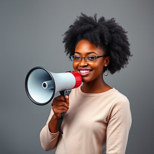 woman with afro hairstyle holding a megaphone, smiling, studio lighting, plain gray background, shallow depth of field, ISO 100, f/2.8, 85mm lens, DSLR camera