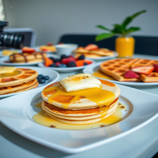 Capture a vibrant, close-up shot of an assortment of plated breakfast dishes featuring pancakes, waffles, and fruit, using a DSLR camera with a 50mm lens, f/2.8 aperture, ISO 200, and natural light to enhance colors and details with a shallow depth of field.