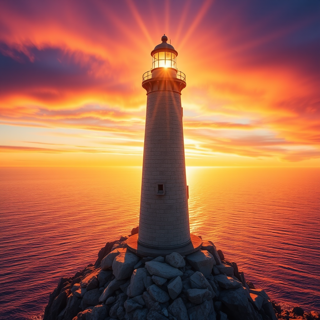 Generate an image of a tall lighthouse perched on a rocky outcrop surrounded by calm ocean waters during a breathtaking sunset. The lighthouse stands sturdy and weathered, its stone surface illuminated by the warm golden light of the setting sun. The sun's rays pass directly through the glass lantern room at the top of the lighthouse, casting a brilliant light across the scene. The sky is painted with vibrant shades of orange, pink, and purple, reflecting off the tranquil sea. The surrounding water shimmers with the same warm hues, creating a serene and majestic atmosphere.