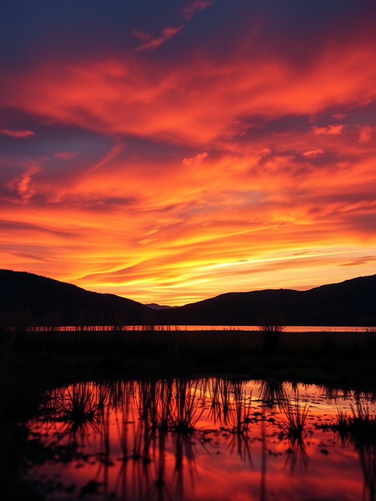 Create a high-resolution image of a serene landscape at sunset, with vibrant colors in the sky reflecting on a still lake, using a DSLR camera, 50mm lens, f/1.8 aperture, ISO 100, 1/250 sec shutter speed, captured from a low angle view for enhanced depth and perspective.