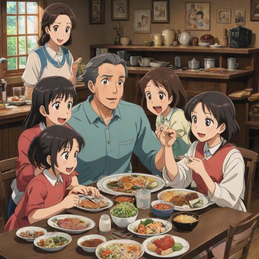 isekai anime style poster depicting a happy Family of four, a surprised dad sitting at a table with his wife and two kids eating something; the movie title clearly reads "OH NO! I HAVE BECOME A FAMILY MAN WITH A DOTING WIFE AND LOVABLE KIDS!", written in clear and exact letters