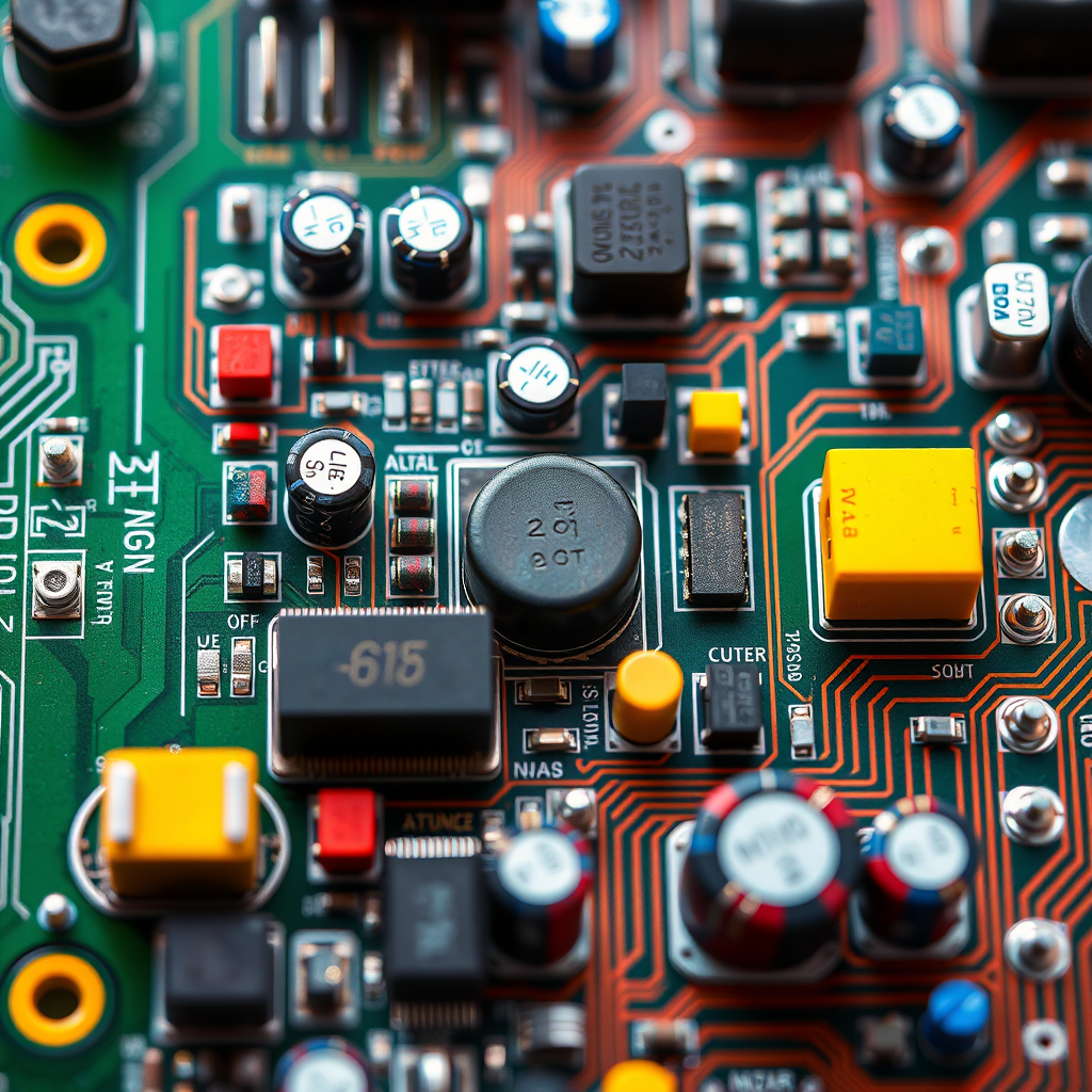 Generate a detailed illustration of a circuit board with various electronic components including resistors, capacitors, and integrated circuits, captured with a Canon EOS R5, 50mm lens, f/4 aperture, 1/125 sec shutter speed, ISO 100, top-down view, focusing on vibrant colors and fine details.
