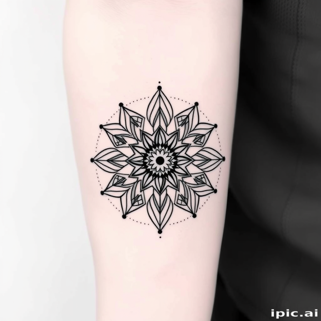 Minimalist blackwork tattoo named "Geometric Harmony" showcasing clean lines and precise angles forming an intricate mandala pattern with dotwork shading and negative space elements