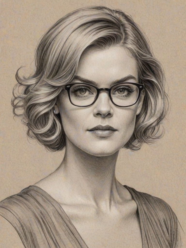Pleasing Missi Pyle, pencil sketch, portrait of Elegant woman 1921s in glasses, hair style beatnik, outline, clear lines, fine lines, 8k