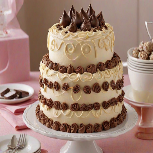 Create a three-tier cake featuring smooth layers of vanilla and chocolate frosting. The top layer should have intricate swirls of frosting and be adorned with chocolate cups. The middle layer should have a rich chocolate finish, while the bottom layer should include crushed chocolate candies scattered around the edges. The cake should be displayed on a decorative white cake stand.