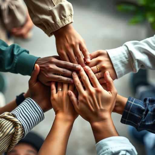 A close-up shot of diverse hands coming together in unity, capture with a Canon EOS R5, 50mm lens, aperture f/1.8, ISO 100, soft natural lighting, top-down perspective, shallow depth of field for enhanced focus on hands.