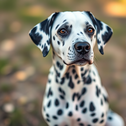 Capture a close-up of a Dalmatian dog sitting outdoors with a soft focus background, using a DSLR camera at f/2.8 aperture, ISO 200, and shutter speed of 1/400s, natural lighting, and a 50mm lens for sharp detail and rich colors.