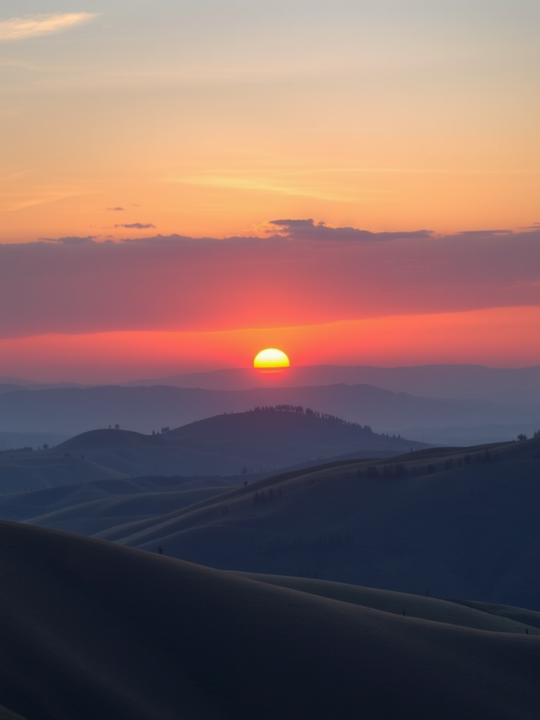 Create a high-resolution image of a serene landscape featuring rolling hills and a sunset, captured with a Canon EOS R5 using a 24-70mm lens at f/8, ISO 100, 1/125s, shot from a wide-angle view in landscape orientation.