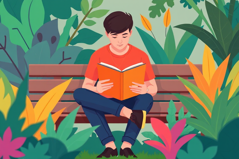 Create an illustration of a person reading a book while sitting on a bench surrounded by vibrant plants, using bright colors and modern shapes, shot with a DSLR camera at f/2.8 aperture, 50mm lens, ISO 100, and a shallow depth of field for a clean background.