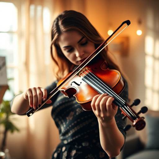 Create a high-resolution image of a female violinist playing in a soft, ambient setting with music sheets subtly overlaying the scene, using a Canon EOS R5 camera, 50mm lens, f/1.8 aperture, ISO 200, shutter speed 1/125s, natural light for a warm glow.