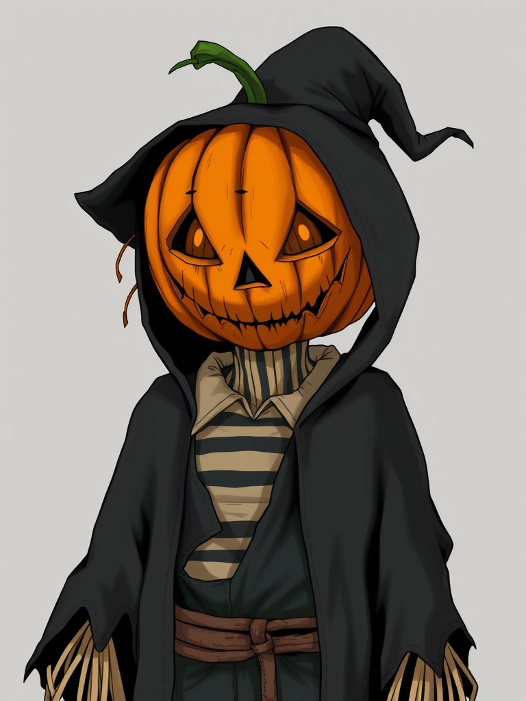 Create a high-resolution illustration of a scarecrow with a carved pumpkin head, dressed in a tattered black cloak with a striped shirt, set against a soft gray background, using a DSLR camera with a 50mm lens, aperture f/2.8, ISO 100, and a slight vignette effect for depth.