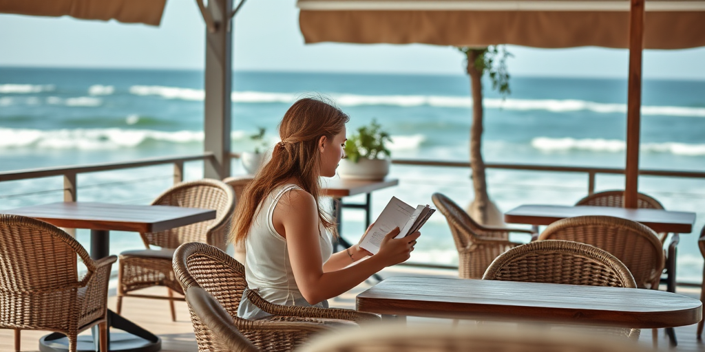 Quiet seaside cafe with wicker chairs and wooden tables, the sound of waves lapping the shore as a woman sits reading a book, sipping an espresso.