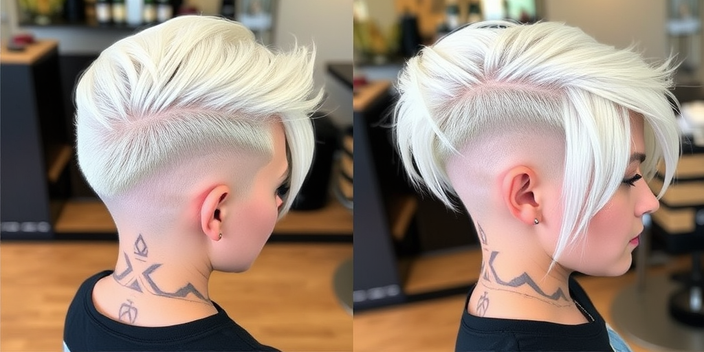 Edgy Platinum Blonde Undercut with intricate geometric designs shaved into the sides, contrasting with long, sleek top layers for a bold and modern asymmetrical style