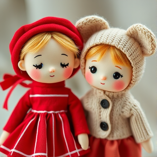 Create a high-resolution image of two cute, stylized dolls with soft features, one wearing a red dress with a striped pattern and a matching hat, the other in a beige outfit with a button-up sweater and bear ears, using a Canon EOS R5 camera, 50mm lens, f/1.8 aperture, ISO 100, soft diffused lighting, and a shallow depth of field for a dreamy effect.