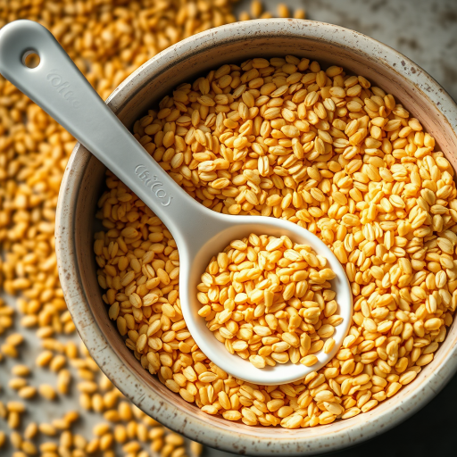 Create a high-resolution close-up image of a bowl filled with golden grains, featuring a white scoop partially buried in the grains, shot with a DSLR camera at f/2.8 aperture, 50mm lens, ISO 100, natural daylight for soft shadows and vibrant colors.