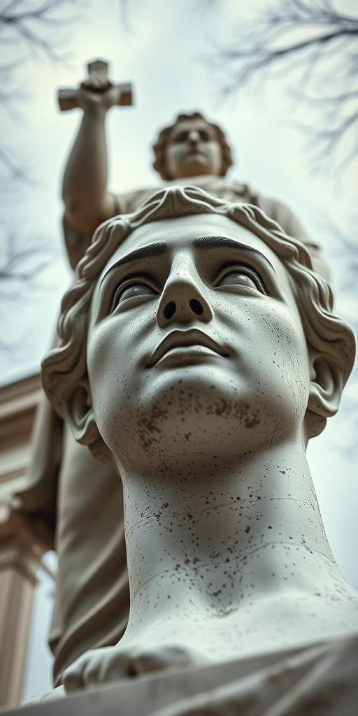Capture a close-up of a statue with dramatic low-angle perspective, using a full-frame DSLR camera set to f/2.8, ISO 100, 1/500s shutter speed, with a 50mm lens, maintaining a sharp focus on the statue while softly blurring the background for depth.