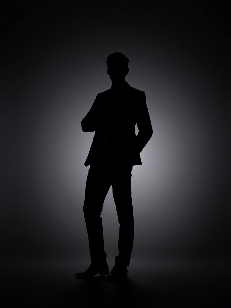 Generate a stylized silhouette of a man in a suit standing confidently, background gradient from dark to light, use a DSLR camera with an aperture of f/1.8, shutter speed of 1/200s, ISO 100, shot from eye level, with soft lighting for smooth edges and enhanced clarity.