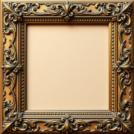 Create an ornate, antique photo frame with intricate patterns, high-resolution digital image, shot with a 50mm lens at f/1.8, ISO 100, in soft natural lighting, with a top-down view to enhance texture and details.