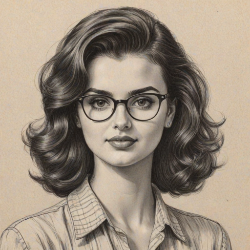 Comely Rebecca Black, pencil sketch, portrait of Appealing woman 1945s in glasses, hair style beatnik, outline, clear lines, fine lines, 8k