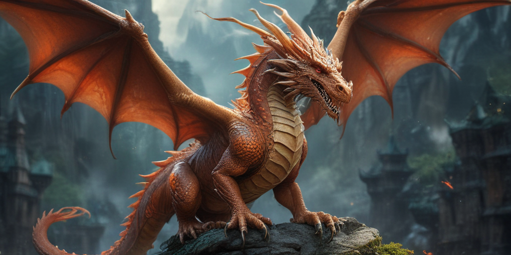 Majestic Orange Dragon Spreading Its Wings in a Mystical Mountain ...
