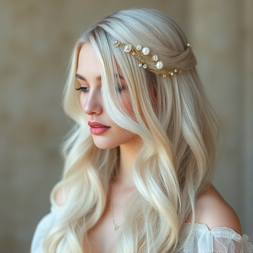 Ethereal goddess with waist-length platinum blonde hair styled in ethereal loose waves, adorned with delicate pearl and crystal hair accessories