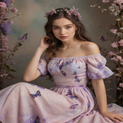 "This image features a young woman seated in an ethereal and whimsical setting, blending nature with a wintery theme. She is wearing a delicate, off-shoulder dress with puffy short sleeves, designed in a soft pink and purple tie-dye pattern, adorned with small butterfly motifs scattered across the fabric. The dress accentuates her petite figure and lends a feminine, playful vibe to her appearance.