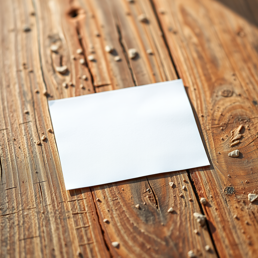 Create a high-resolution image of a blank piece of paper on a rustic wooden surface, with a DSLR camera at f/2.8 aperture, 50mm lens, ISO 100, and a shallow depth of field, capturing the texture of the wood and the paper in bright natural light.