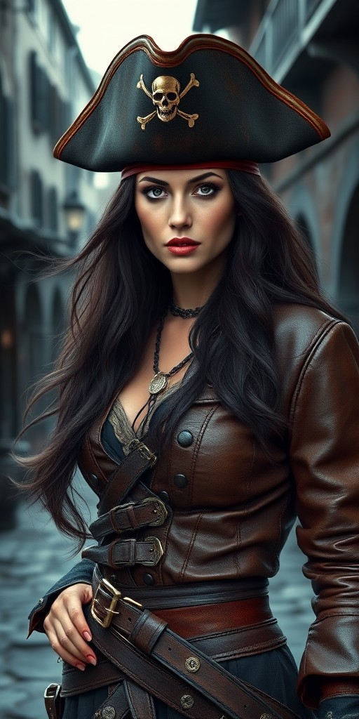 Create a portrait of a fierce female pirate. She wears a leather tricorn hat adorned with a skull and crossbones emblem, and her long, dark hair flows around her face. Her outfit consists of a richly detailed leather jacket, a corset, and multiple layers of belts and accessories, giving her a formidable and stylish appearance. She stands confidently in a dimly lit, historic port town, with a backdrop of weathered buildings and cobblestone streets, capturing the adventurous spirit of a pirate.