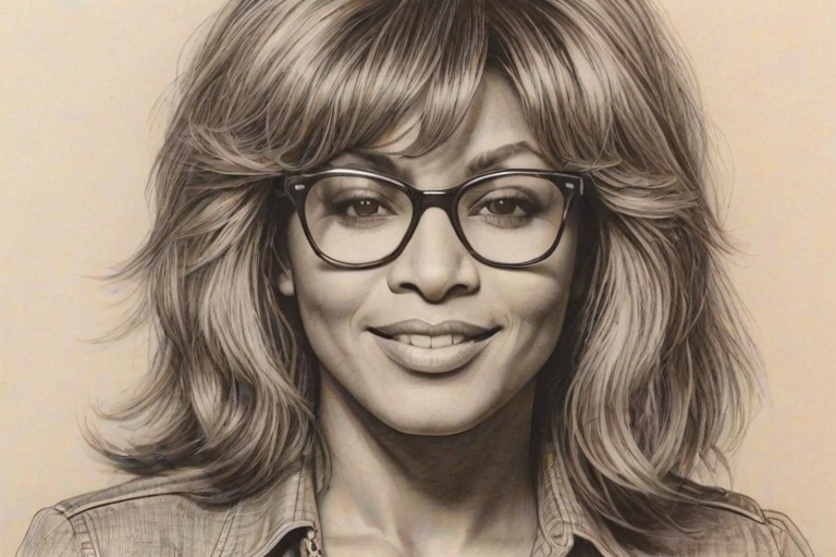Lovely Tina Turner, pencil sketch, portrait of Charming woman 1970s in glasses, hair style beatnik, outline, clear lines, fine lines, 8k