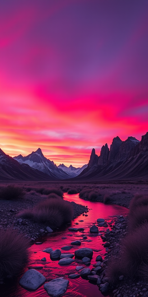 Generate a surreal landscape with vibrant pink and purple hues at sunset, featuring jagged mountains in the background and a reflective river in the foreground, shot with a Canon EOS R5 at f/8, ISO 200, 24mm focal length, using a wide-angle perspective to emphasize depth.