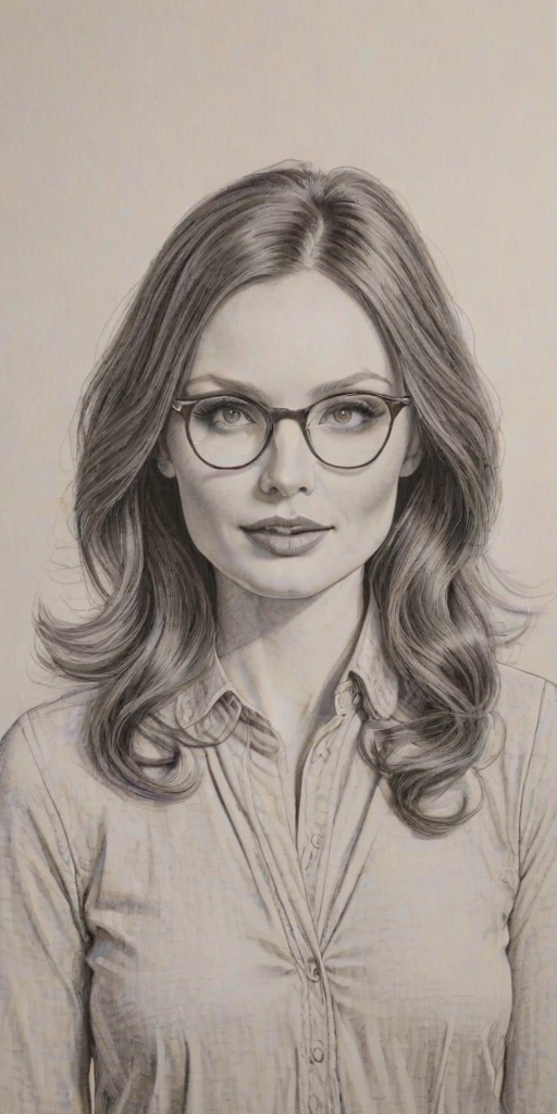 Resplendent Sophie Ellis-Bextor, pencil sketch, portrait of Exquisite woman 1972s in glasses, hair style beatnik, outline, clear lines, fine lines, 8k