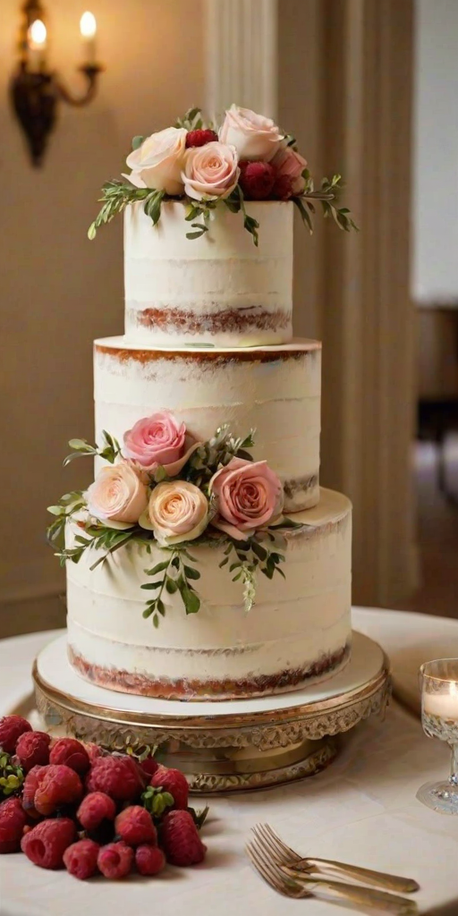 Generate an elegant three-tiered wedding cake with a semi-naked design. The cake should be adorned with fresh roses, raspberries, and blueberries. Place it on a decorative plate surrounded by soft candlelight and floral arrangements in a sophisticated venue. Ensure the background shows a hint of an upscale dining setting with soft lighting.