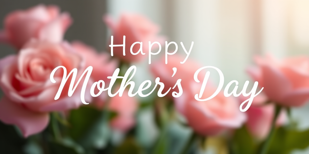 Create a soft-focus image featuring the text "Happy Mother's Day" in a cursive font with pink roses in the background, using a Canon EOS R5, aperture f/2.8, shutter speed 1/125s, ISO 100, portrait orientation, and a bokeh effect to enhance depth and quality.