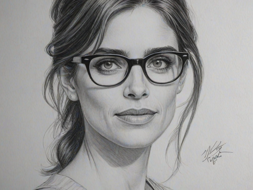 Lovely Amanda Peet, pencil sketch, portrait of Graceful woman 1962s in glasses, hair style beatnik, outline, clear lines, fine lines, 8k